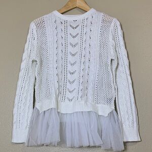 POL Women’s Long Sleeve Knit Sweater White Tulle Hem Size Small